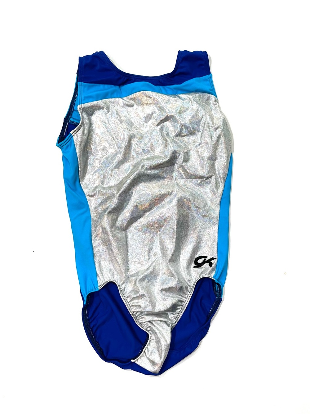 GK Silver Holographic with Bright and Navy Blue Gymnastics Leotard